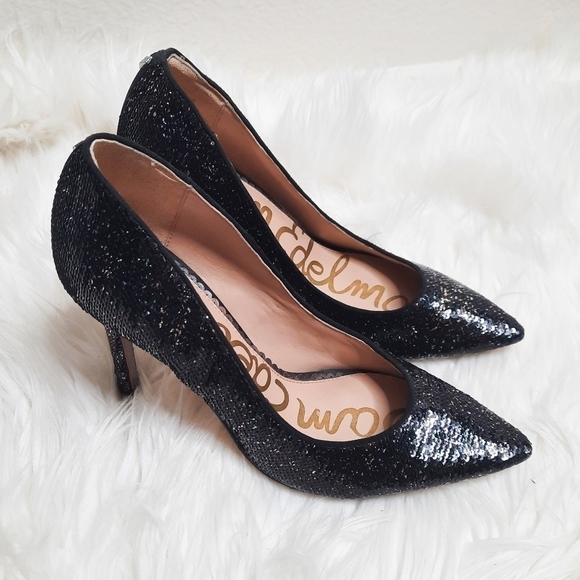 Same Edelman Black Sequined Hazel Pump High Heels 6 - Picture 3 of 9
